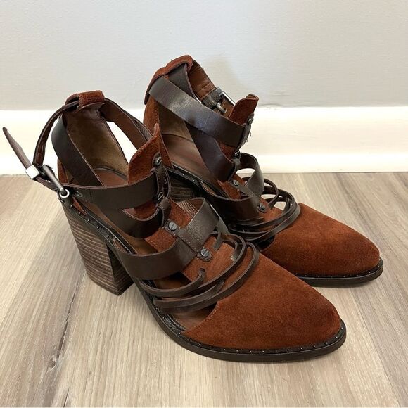 Luxury Rebel Heels Women’s 9 Mandy Brown Leather Strappy Chunky Block Booties - Picture 1 of 7